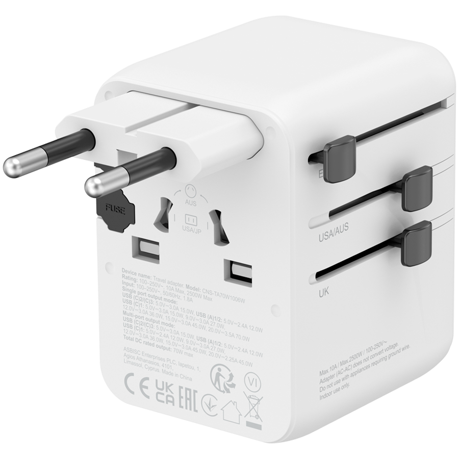 CANYON Travel Adapter OnTour 70 EU/UK/US/AUS 70W White