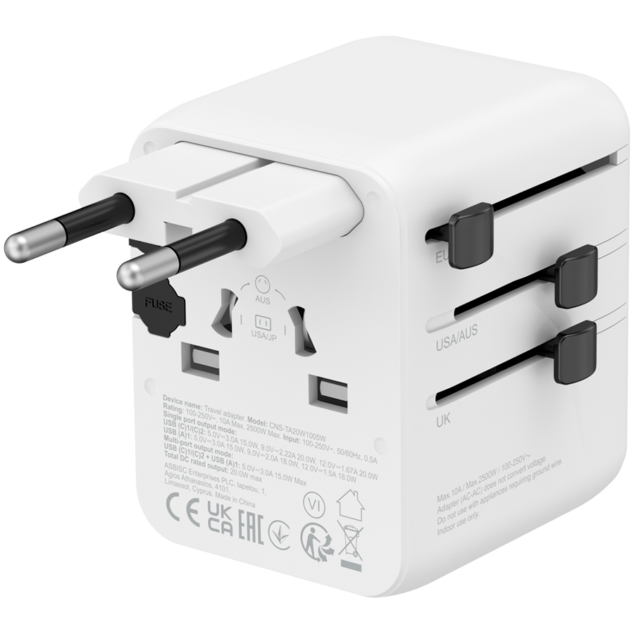 CANYON Travel Adapter OnTour 20 EU/UK/US/AUS 20W White