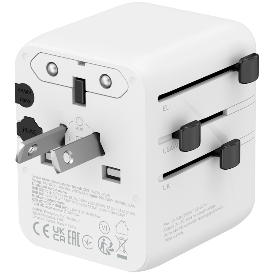 CANYON Travel Adapter OnTour 20 EU/UK/US/AUS 20W White