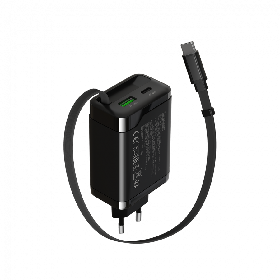 CANYON charger OnCharge 65RC Build-In Cable USB-C 65W 1xPD 1xQC EU Black