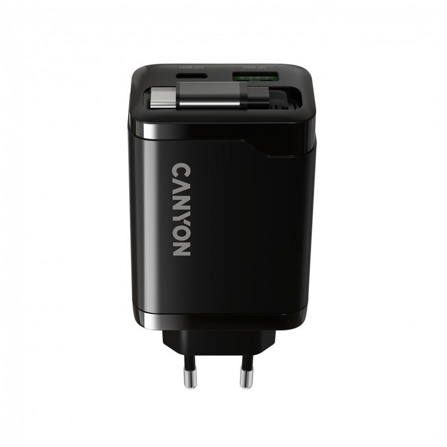 CANYON charger OnCharge 65RC Build-In Cable USB-C 65W 1xPD 1xQC EU Black