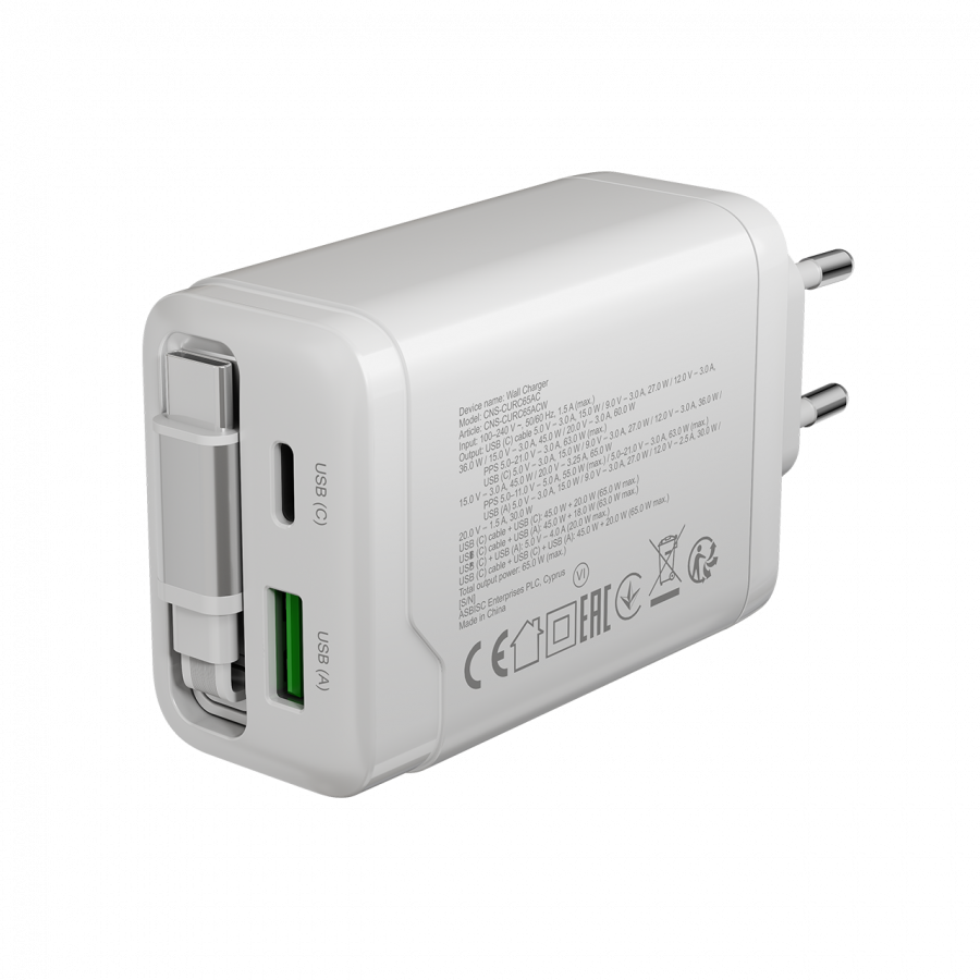 CANYON charger OnCharge 65RC Build-In Cable USB-C 65W 1xPD 1xQC EU White