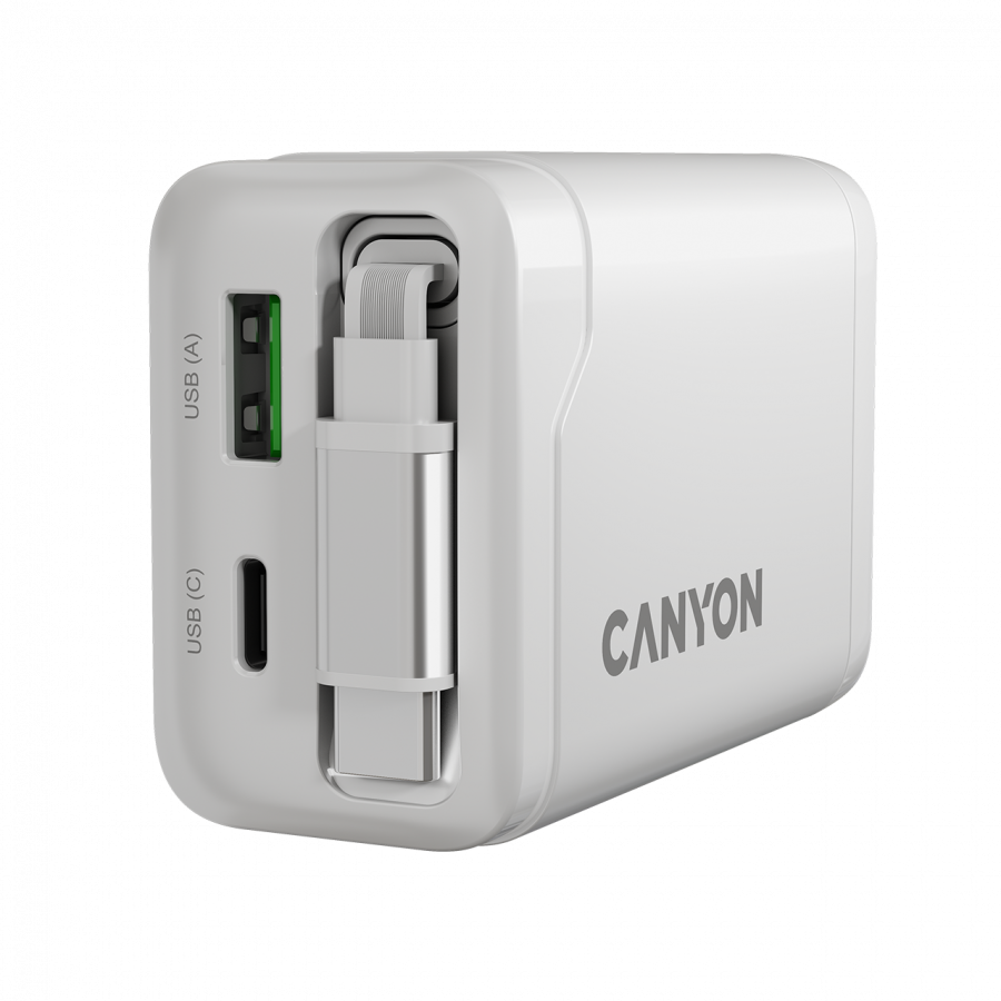 CANYON charger OnCharge 65RC Build-In Cable USB-C 65W 1xPD 1xQC EU White