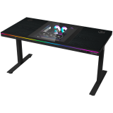 Dual-motor sit/stand adjustable-height gaming desk with built-in PC case, wireless charger, RGB lighting, control panel, and 