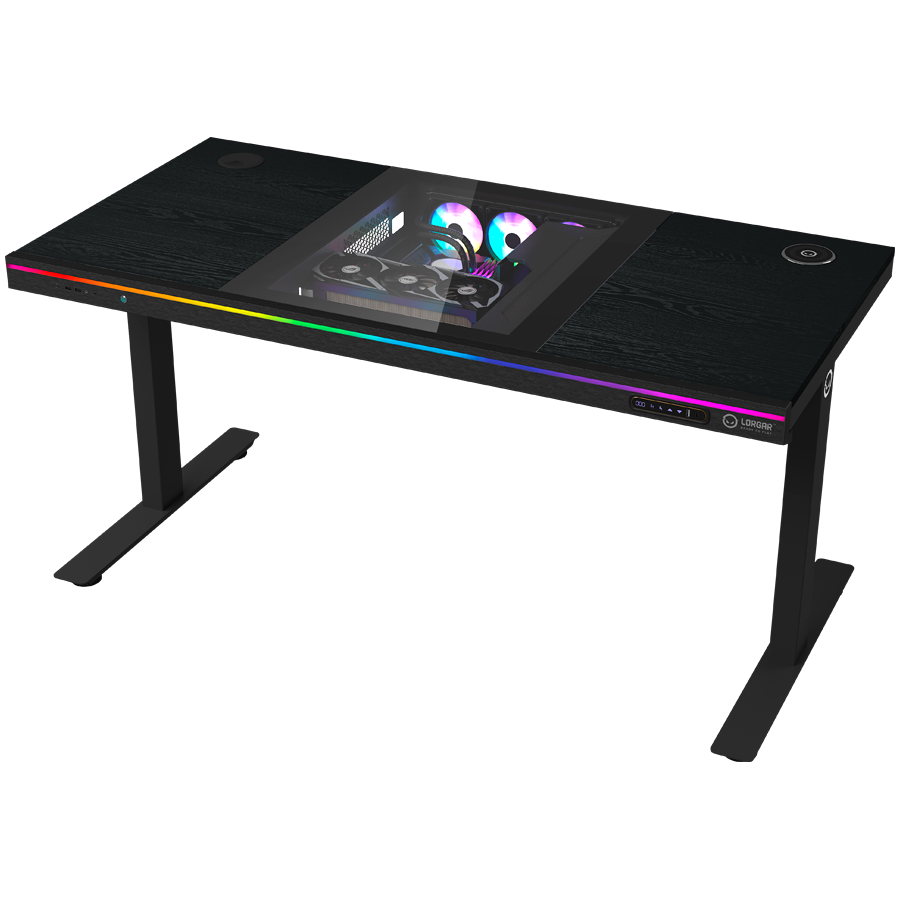 Dual-motor sit/stand adjustable-height gaming desk with built-in PC case, wireless charger, RGB lighting, control panel, and 