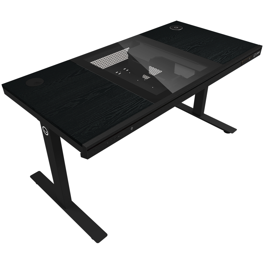 Dual-motor sit/stand adjustable-height gaming desk with built-in PC case, wireless charger, RGB lighting, control panel, and 