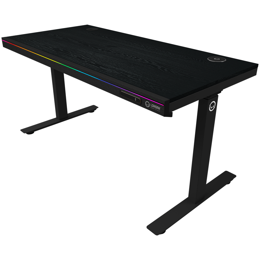 Dual-motor sit/stand adjustable-height gaming desk with wireless charger, RGB lighting, control panel, and USB ports, PB mela