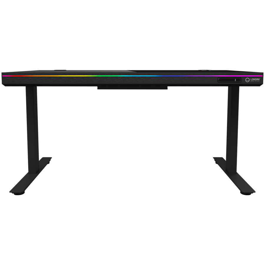 Dual-motor sit/stand adjustable-height gaming desk with wireless charger, RGB lighting, control panel, and USB ports, solid t