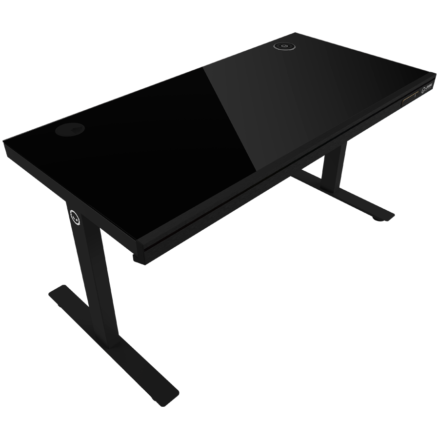 Dual-motor sit/stand adjustable-height gaming desk with wireless charger, RGB lighting, control panel, and USB ports, solid t