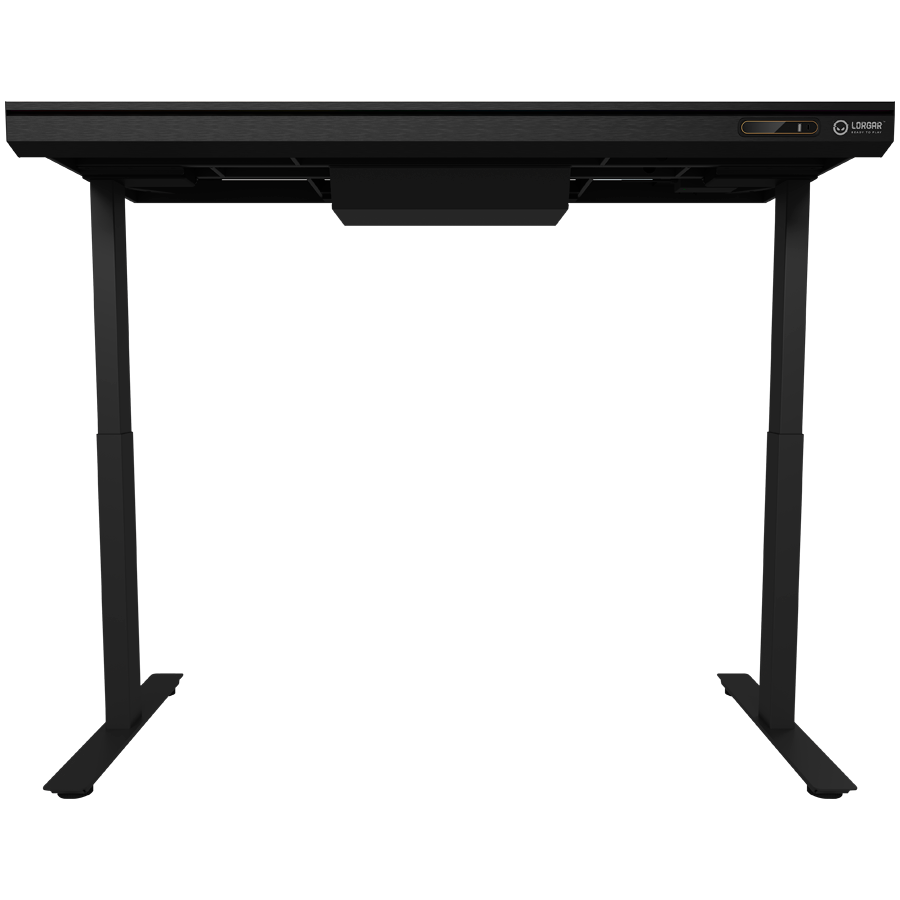 Dual-motor sit/stand adjustable-height gaming desk with wireless charger, RGB lighting, control panel, and USB ports, solid t