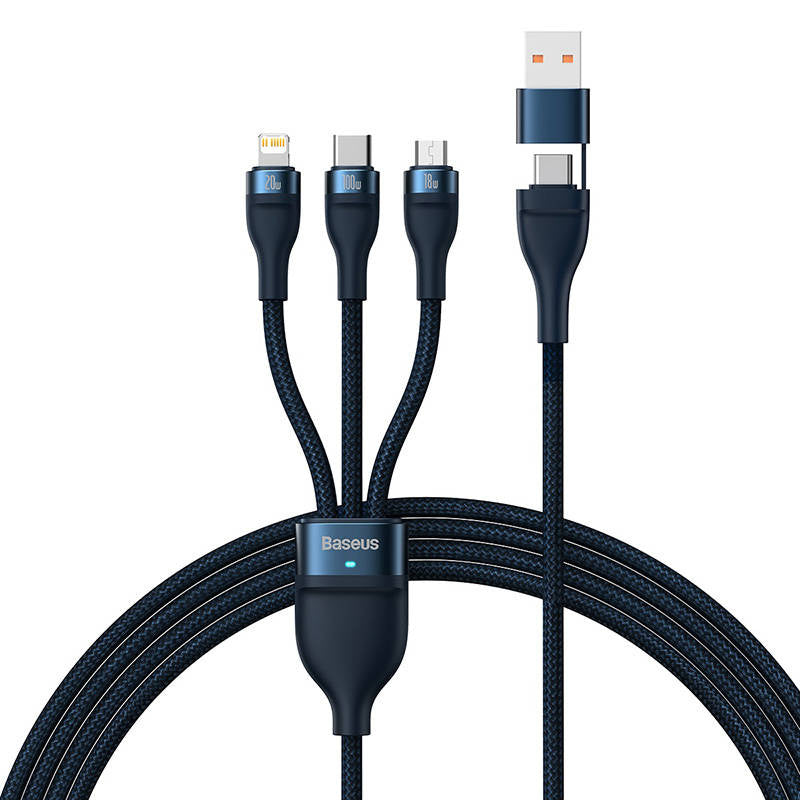 3in1 USB cable Baseus Flash Series 2, USB-C + micro USB + Lightning, 100W, 1.2m (blue) - Product Image 1