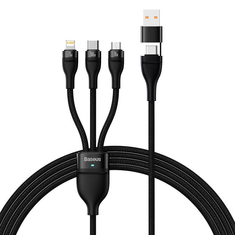 3in1 USB cable Baseus Flash Series 2, USB-C + micro USB + Lightning, 100W, 1.2m (black) - Product Image 1