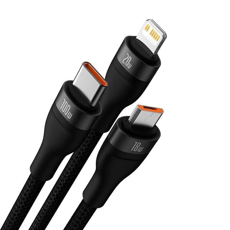 3in1 USB cable Baseus Flash Series 2, USB-C + micro USB + Lightning, 100W, 1.2m (black) - Product Image 7