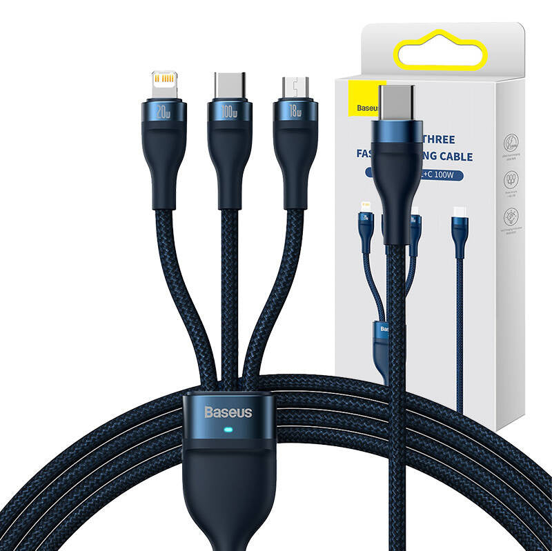 3in1 USB cable Baseus Flash Series 2, USB-C + micro USB + Lightning, 100W, 1.5m (blue) - Product Image 6