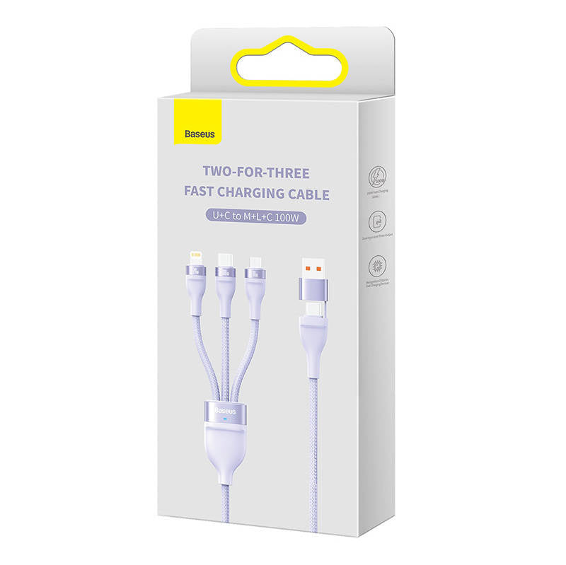 3in1 USB cable Baseus Flash Series 2, USB-C + micro USB + Lightning, 100W, 1.2m (purple) - Product Image 5