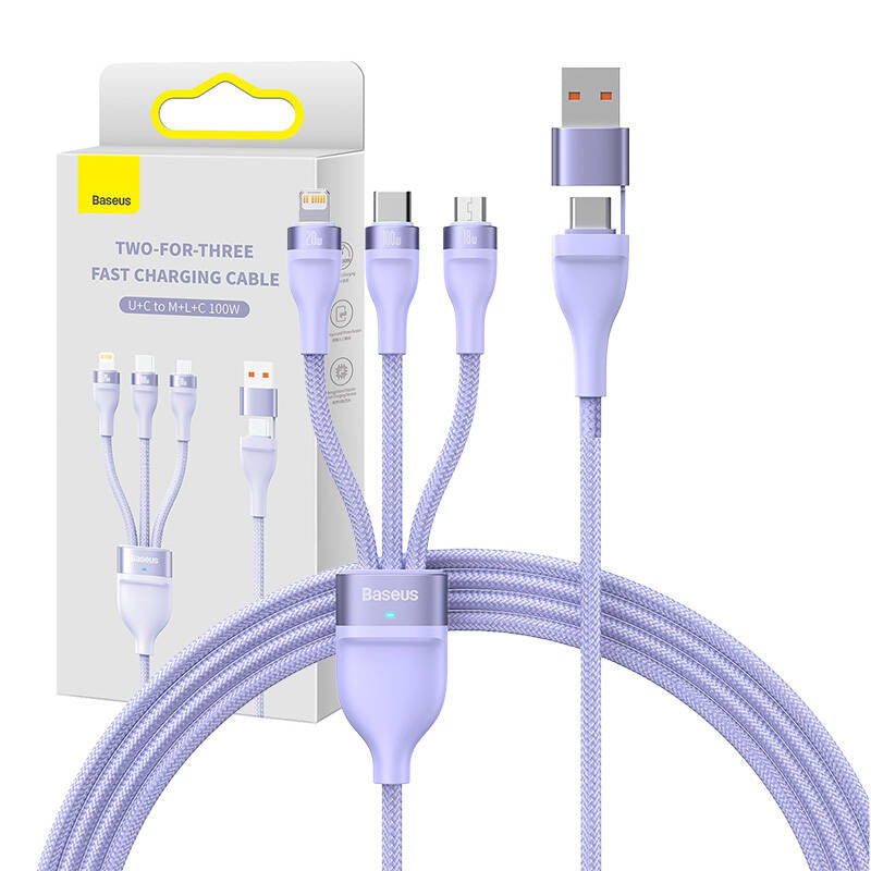 3in1 USB cable Baseus Flash Series 2, USB-C + micro USB + Lightning, 100W, 1.2m (purple) - Product Image 6