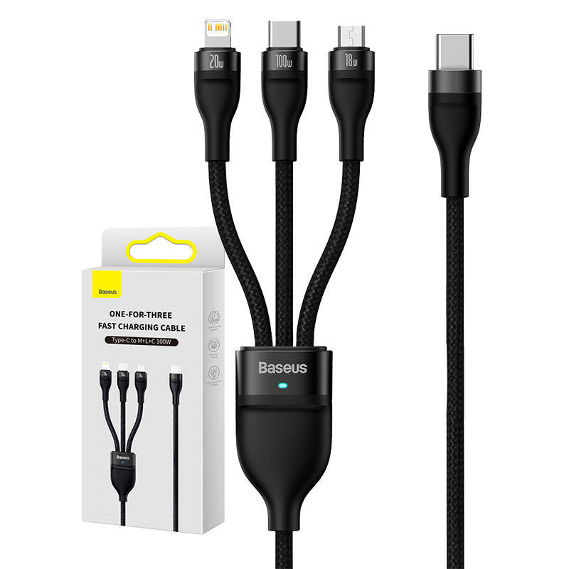 3in1 USB cable Baseus Flash Series 2, USB-C + micro USB + Lightning, 100W, 1.5m (black) - Product Image 1