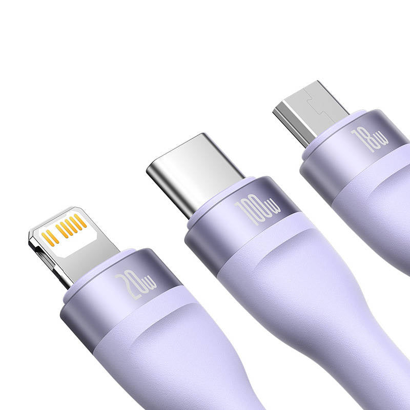 Kabel USB 3w1 Baseus Flash Series 2, USB-C + micro USB + Lightning, 100W, 1.5m (fioletowy) - Product Image 4