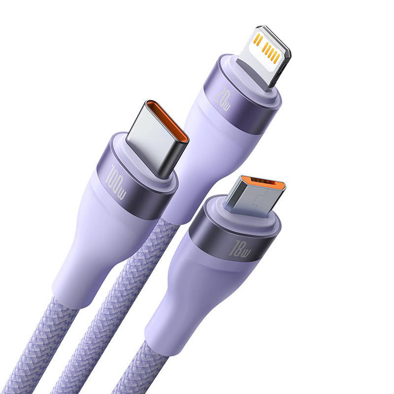 Kabel USB 3w1 Baseus Flash Series 2, USB-C + micro USB + Lightning, 100W, 1.5m (fioletowy) - Product Image 3
