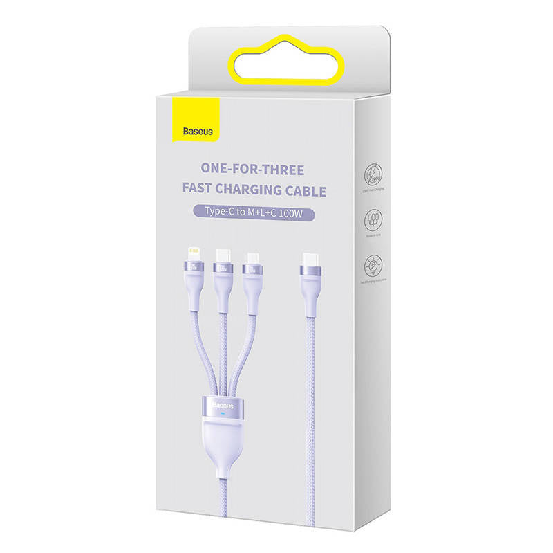 3in1 USB cable Baseus Flash Series 2, USB-C + micro USB + Lightning, 100W, 1.5m (purple) - Product Image 6