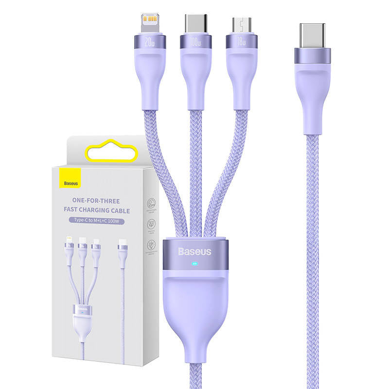 3in1 USB cable Baseus Flash Series 2, USB-C + micro USB + Lightning, 100W, 1.5m (purple) - Product Image 1