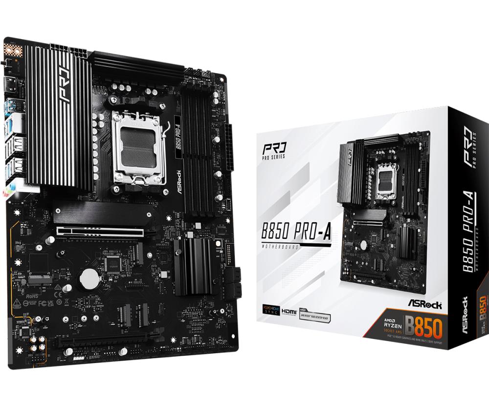 Mainboard ASROCK AMD B850 SAM5 ATX Memory DDR5 Memory slots 4 1xPCI-Express 4.0 16x 1xPCI-Express 5.0 16x 1xM.2 1xHDMI 1xAudio-In 1xAudio-Out 1xMicrophone 6xUSB 2.0 4xUSB 3.2 2xUSB-C 1xRJ45 B850PRO-A