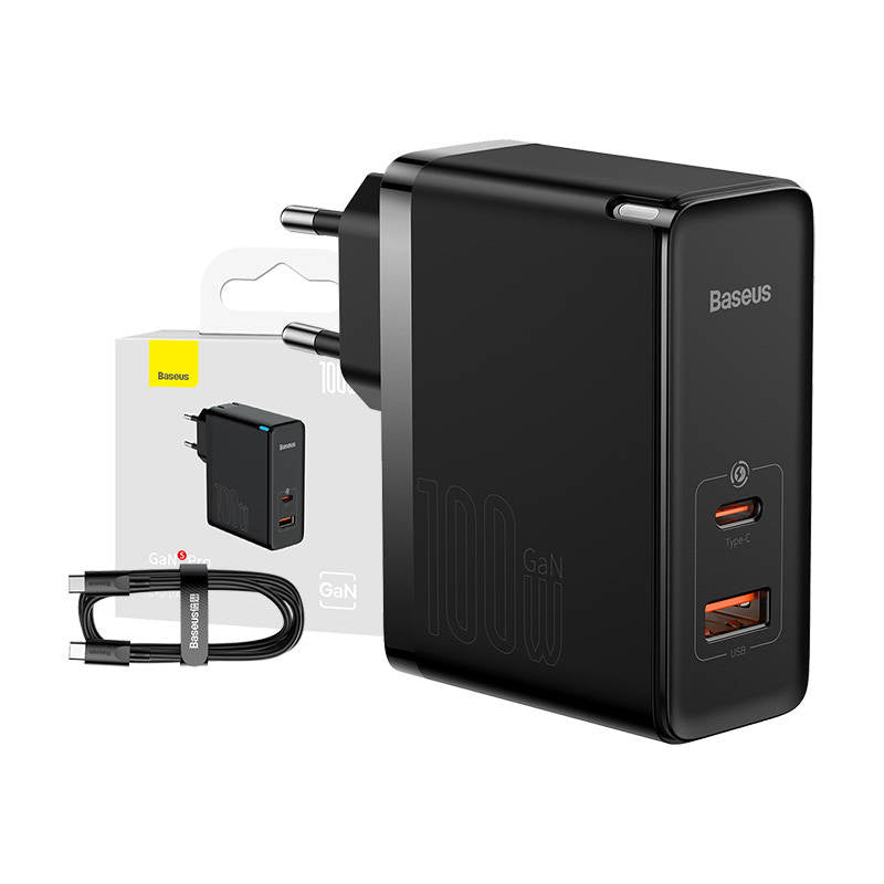Wall charger Baseus GaN USB-C + USB, 100W + 1m cable (black) - Product Image 1