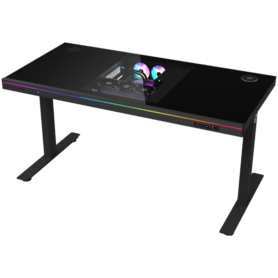 Dual-motor sit/stand adjustable-height gaming desk with built-in PC case, wireless charger, RGB lighting, control panel, and 