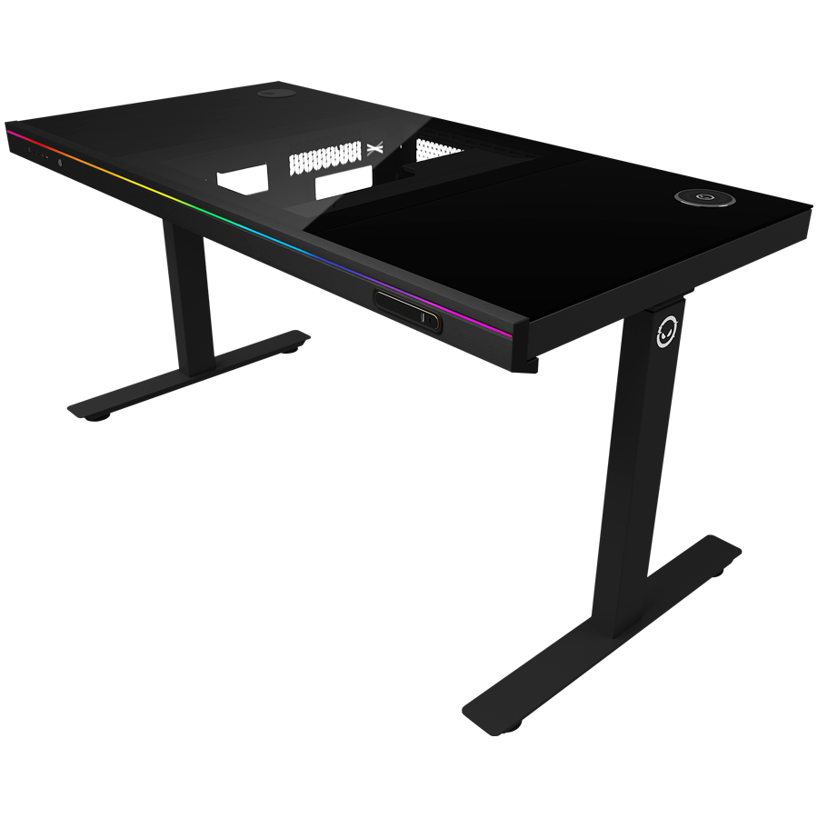 Dual-motor sit/stand adjustable-height gaming desk with built-in PC case, wireless charger, RGB lighting, control panel, and 