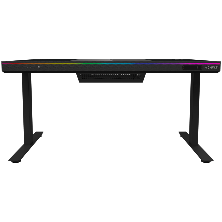Dual-motor sit/stand adjustable-height gaming desk with built-in PC case, wireless charger, RGB lighting, control panel, and 