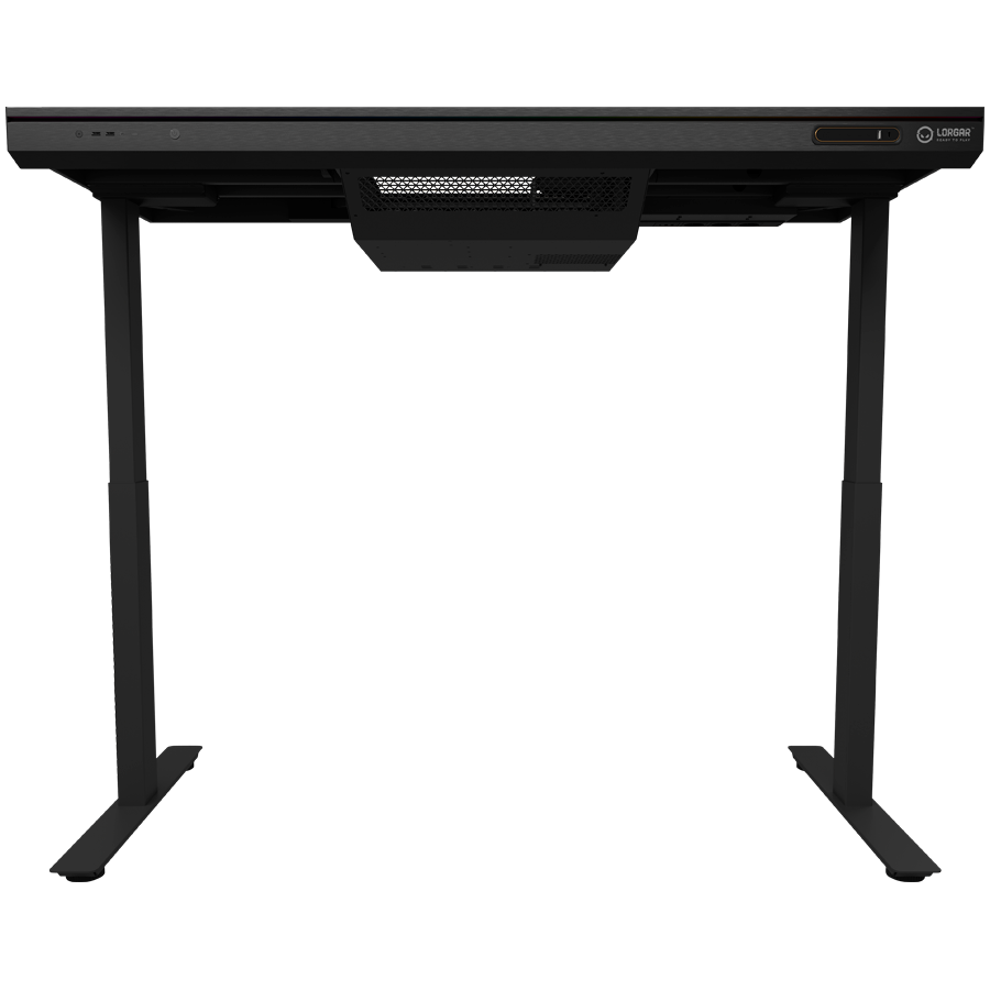 Dual-motor sit/stand adjustable-height gaming desk with built-in PC case, wireless charger, RGB lighting, control panel, and 