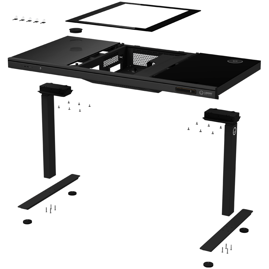 Dual-motor sit/stand adjustable-height gaming desk with built-in PC case, wireless charger, RGB lighting, control panel, and 