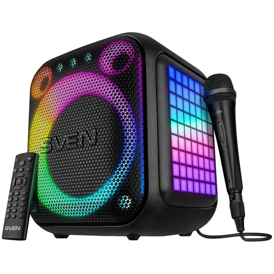 Portable speaker SVEN PS-880, black, power output 110W (RMS), TWS, Bluetooth, FM, USB, microSD, LED-display, lithium battery