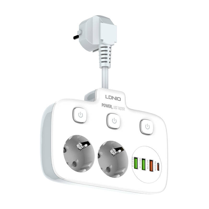 Power strip with 2 AC sockets, 3x USB, USB-C, LDNIO SE2435, 2500W (white) - Product Image 3