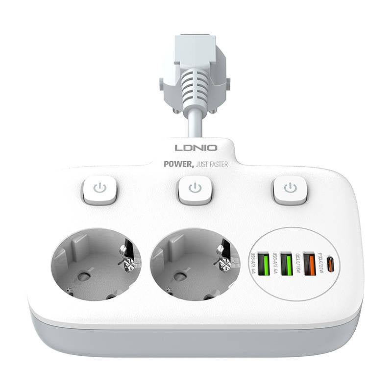 Power strip with 2 AC sockets, 3x USB, USB-C, LDNIO SE2435, 2500W (white) - Product Image 4