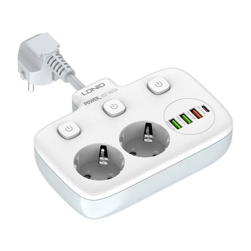 Power strip with 2 AC sockets, 3x USB, USB-C, LDNIO SE2435, 2500W (white) - Product Image 5