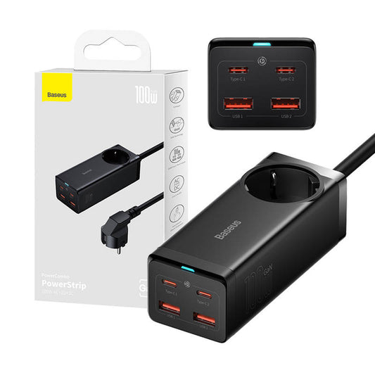 Baseus GaN3 Pro wall charger / powerstrip 2xUSB + 2xUSB-C + AC, 100W (black) - Product Image 1