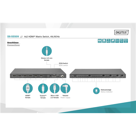 Digitus | 4x2 HDMI Matrix Switch, 4K/60Hz | DS-55509