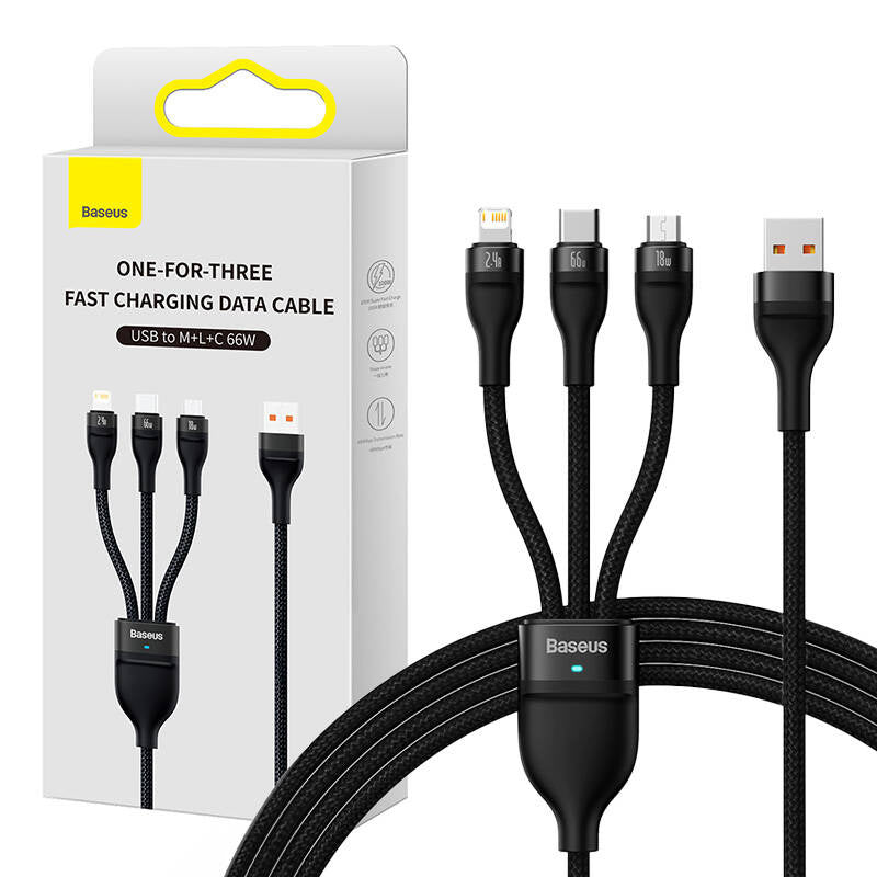 3in1 USB cable Baseus Flash II Series, USB-C + micro USB + Lightning, 66W, 1.2m (Black) - Product Image 1