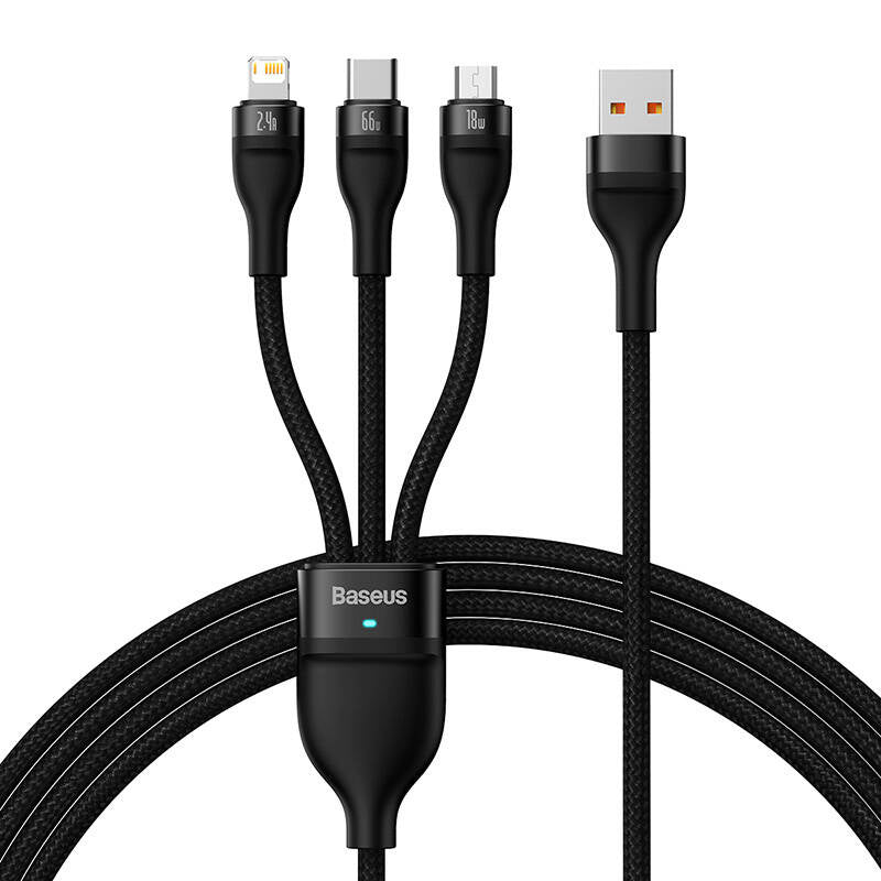 3in1 USB cable Baseus Flash II Series, USB-C + micro USB + Lightning, 66W, 1.2m (Black) - Product Image 2