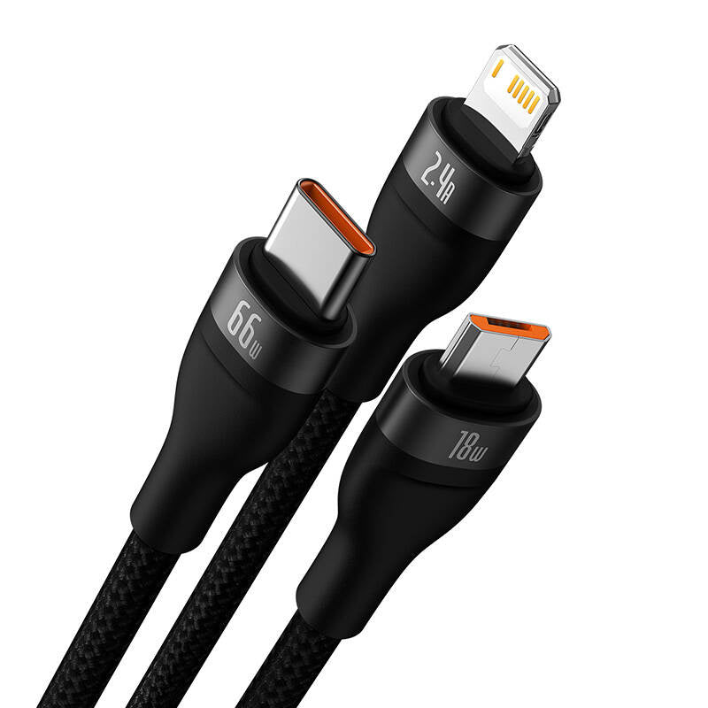 3in1 USB cable Baseus Flash II Series, USB-C + micro USB + Lightning, 66W, 1.2m (Black) - Product Image 3