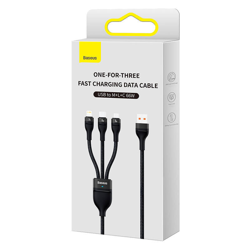 3in1 USB cable Baseus Flash II Series, USB-C + micro USB + Lightning, 66W, 1.2m (Black) - Product Image 5