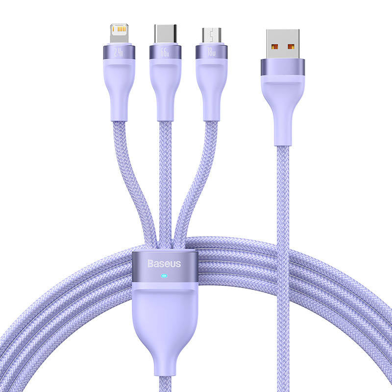 3in1 USB cable Baseus Flash II Series, USB-C + micro USB + Lightning, 66W, 1.2m (Purple) - Product Image 2