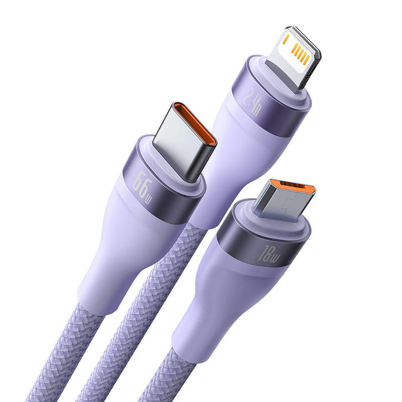 3in1 USB cable Baseus Flash II Series, USB-C + micro USB + Lightning, 66W, 1.2m (Purple) - Product Image 4