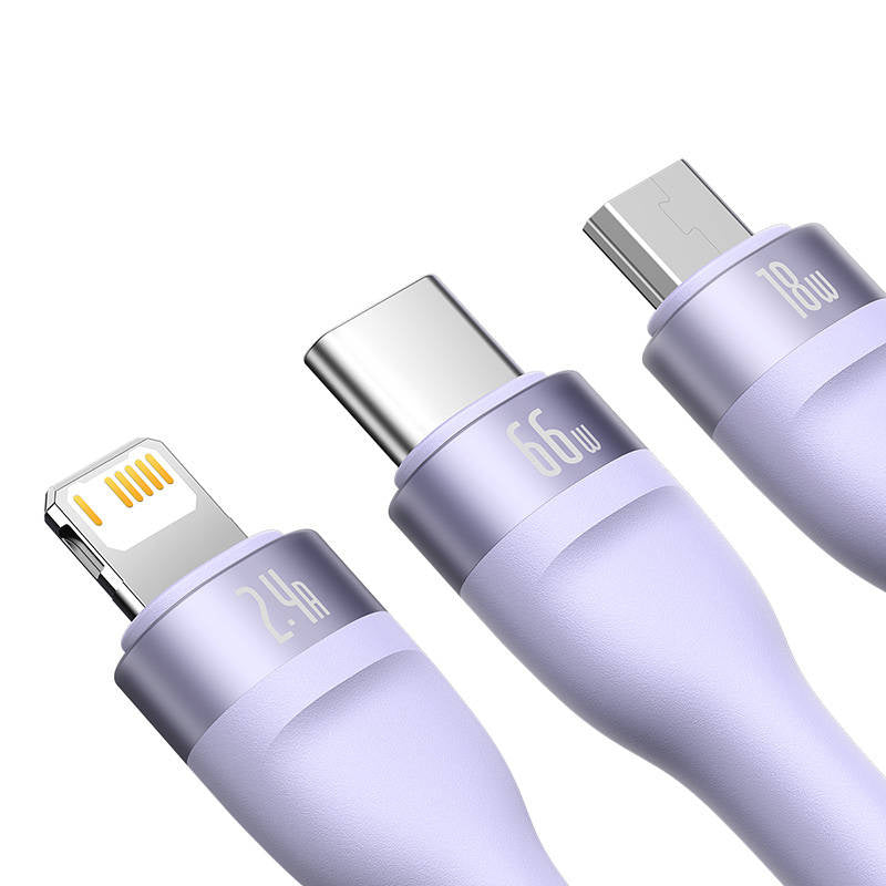 3in1 USB cable Baseus Flash II Series, USB-C + micro USB + Lightning, 66W, 1.2m (Purple) - Product Image 3