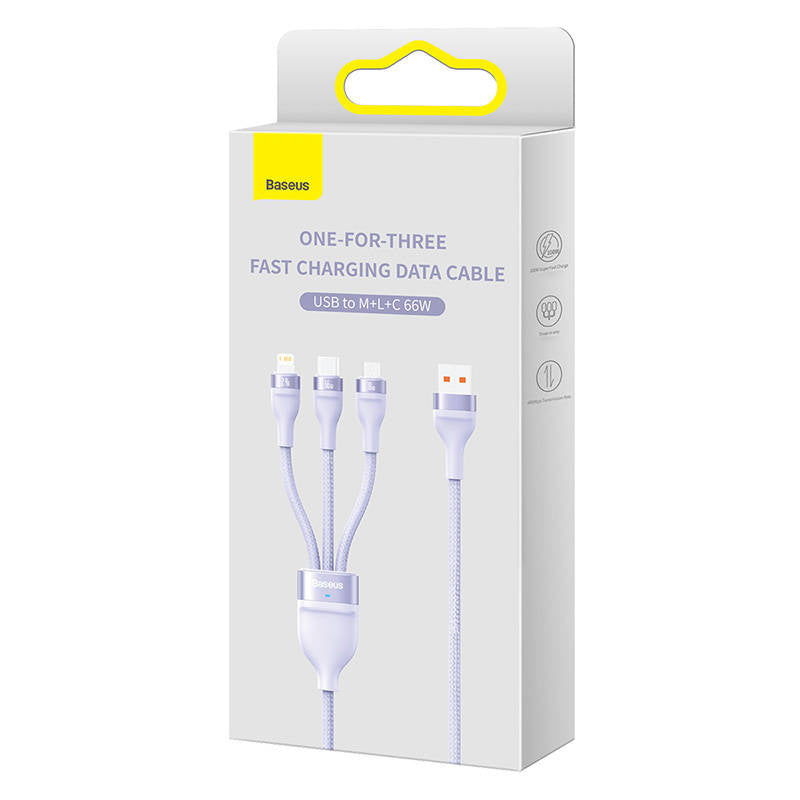 3in1 USB cable Baseus Flash II Series, USB-C + micro USB + Lightning, 66W, 1.2m (Purple) - Product Image 5