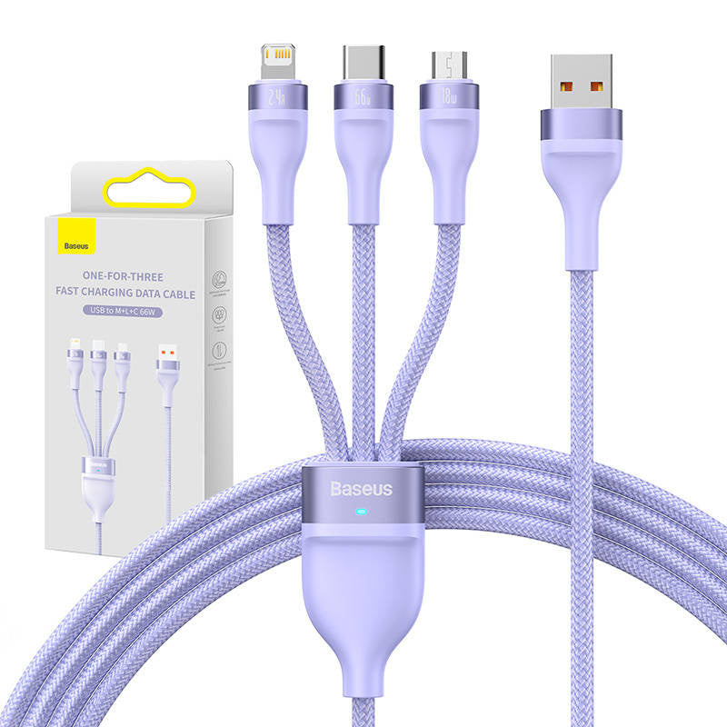 3in1 USB cable Baseus Flash II Series, USB-C + micro USB + Lightning, 66W, 1.2m (Purple) - Product Image 1