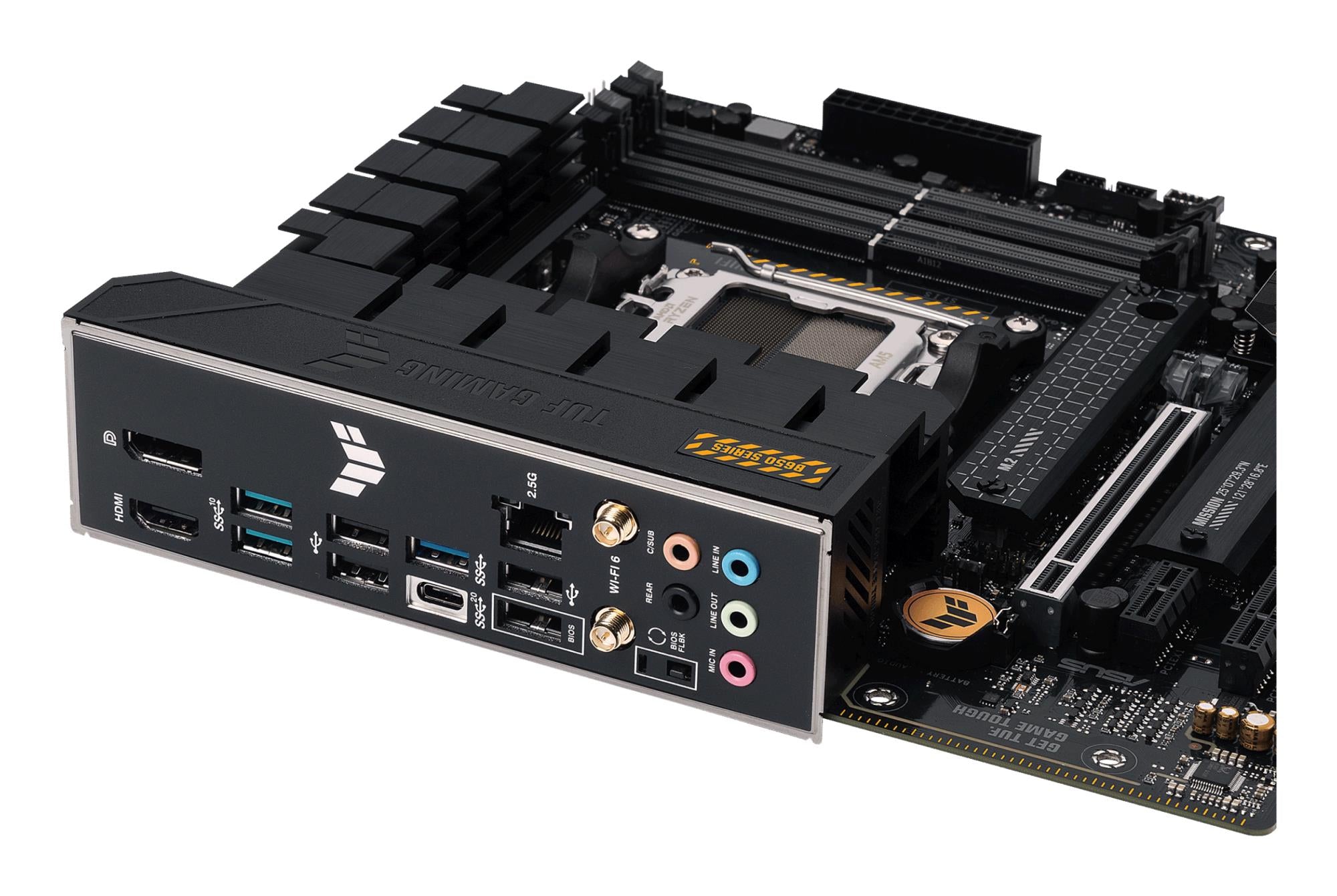 Mainboard ASUS AMD B650 SAM5 MicroATX Memory DDR5 Memory slots 4 1xPCI-Express 4.0 1x 1xPCI-Express 4.0 16x 2xM.2 1xHDMI 1xDisplayPort 4xUSB 2.0 3xUSB 3.2 1xUSB-C 1xRJ45 5xAudio port TUFGAMB650M-PLUSWIFI