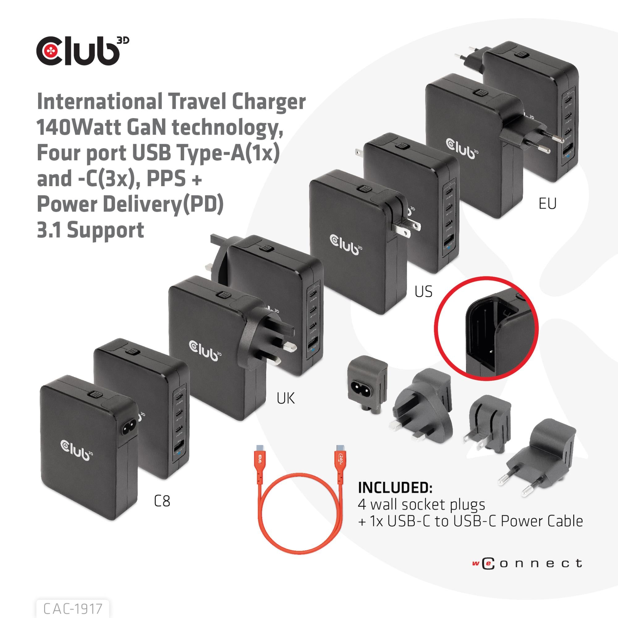 MOBILE TRAVEL CHARGER USB-C/140W GAN CAC-1917 CLUB3D
