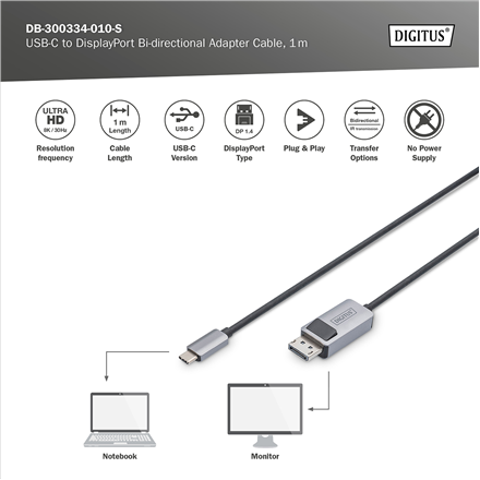 Digitus | Bi-directional Adapter Cable | DB-300334-010-S | USB-C to DisplayPort